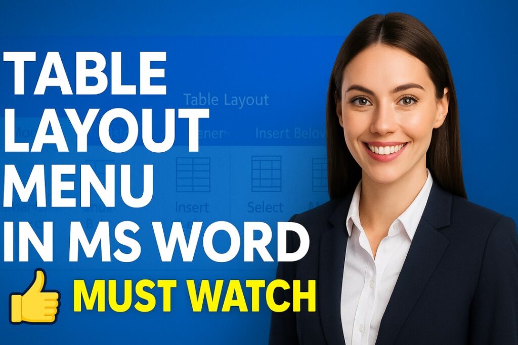 A professional young woman with a bright smile wearing a navy blue blazer stands against a blue background featuring the Microsoft Word Table Layout interface. Bold white and yellow text reads “TABLE LAYOUT MENU IN MS WORD – MUST WATCH,” with a thumbs-up emoji for emphasis.
